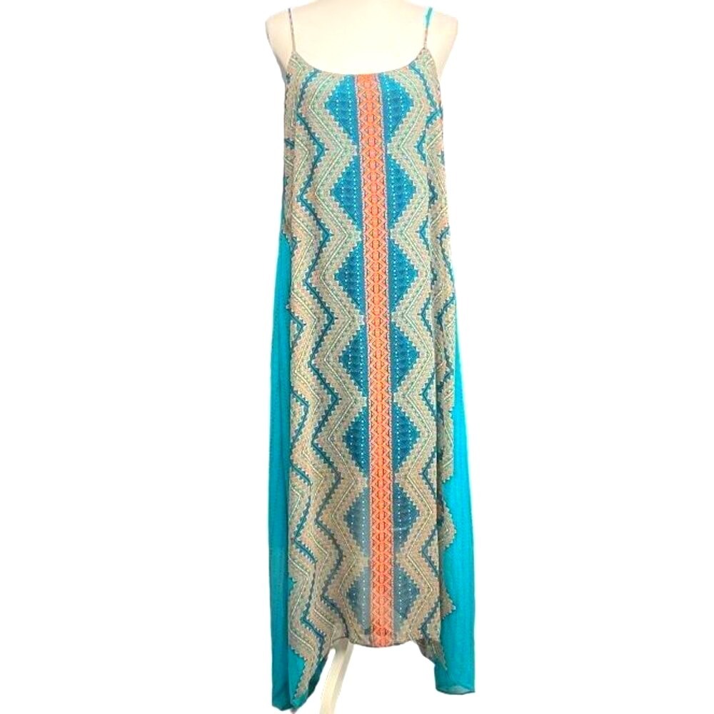 Bisou Bisou Michelle Bohbot High-Low Maxi Dress Size 12 Teal Orange Sheer Summer